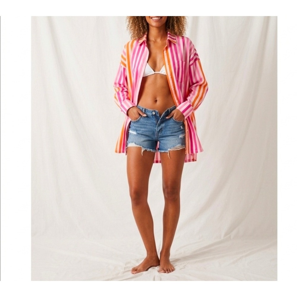 Beach Riot Swim Cover Up Women L/XL Pink Orange Striped Cotton Button Down Shirt